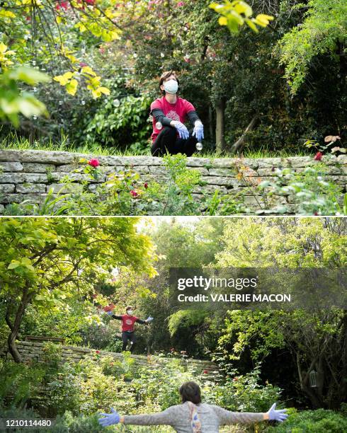 This combination of illustration pictures created on April 16, 2020 shows director Kimberly Peirce practicing meditation with her friend painter Iva...