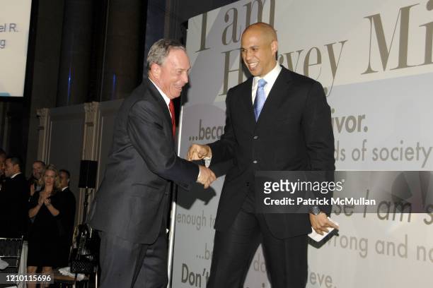 View of New York City Mayor Michael Bloomberg and Newark Mayor Cory Booker as they attend the 2009 annual Emery Awards, benefiting the 30th...