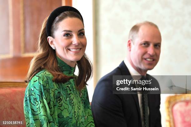 Prince William, Duke of Cambridge and Catherine, Duchess of Cambridge arrive for a meeting with the President of Ireland at Áras an Uachtaráin on...