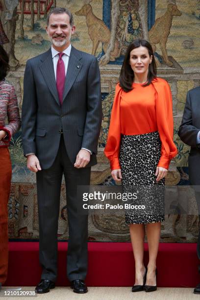 King Felipe VI of Spain and Queen Letizia of Spain attend the acreditations ceremony for honorary 'Spain Brand' Ambassadors at El Pardo Palace on...