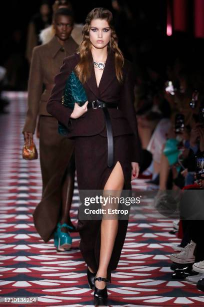 March 3: Model Luna Bijl walks the runway during the Miu Miu as part of the Paris Fashion Week Womenswear Fall/Winter 2020/2021 on March 3, 2020 in...