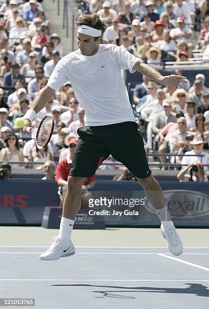 No.1 seed Roger Federer in action vs Richard Gasquet of France during the final of the Rogers Cup ATP Master Series tennis tournament at the Rexall...