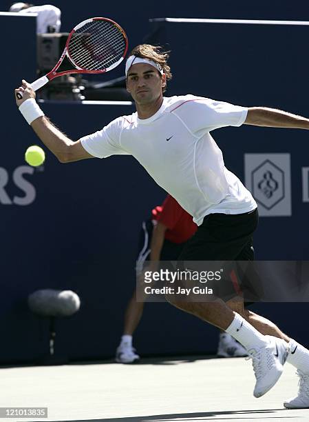 Roger Federer of Switzerland in action vs Richard Gasquet of France during the final of the Rogers Cup ATP Master Series tennis tournament at the...