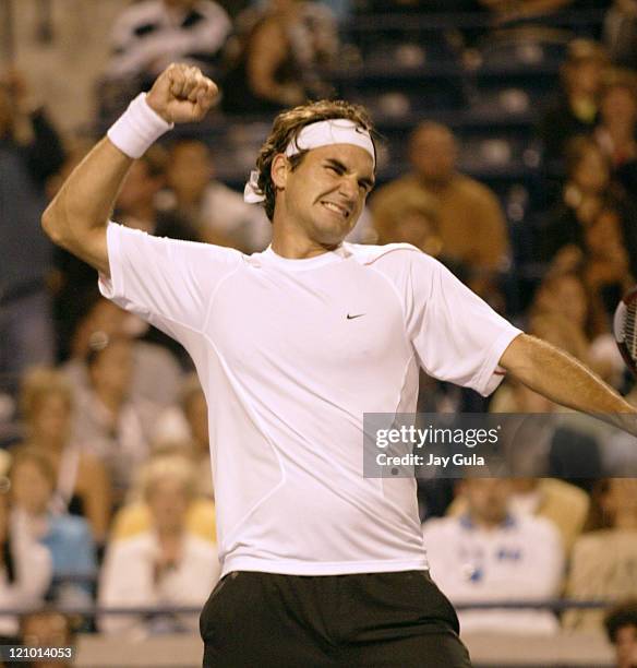 No.1 seed Roger Federer pumps his fist after advancing to the final tonight vs Fernando Gonzalez of Chile at the Rogers Cup ATP Master Series tennis...