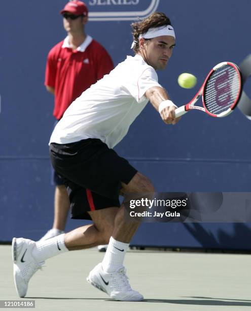 Roger Federer of Switzerland in action vs Richard Gasquet of France during the final of the Rogers Cup ATP Master Series tennis tournament at the...