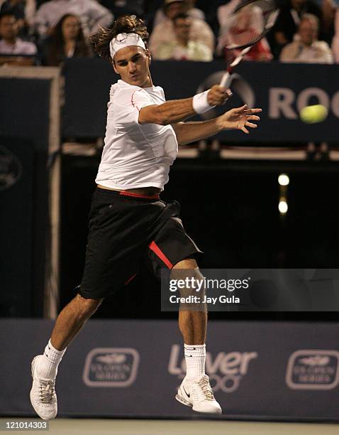 Top seed Roger Federer of Switzerland in action vs Dmitry Tursunov of Russia in the Rogers Cup ATP Master Series tennis tournament at the Rexall...