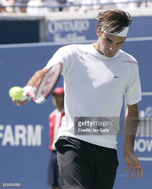No.1 seed Roger Federer in action vs Richard Gasquet of France during the final of the Rogers Cup ATP Master Series tennis tournament at the Rexall...