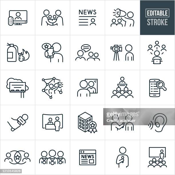 ilustrações de stock, clip art, desenhos animados e ícones de public relations thin line icons - editable stroke - press room