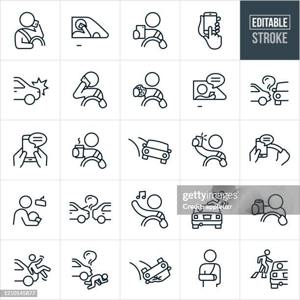 abgelenktes fahren thin line icons - editable stroke - auto unfall stock-grafiken, -clipart, -cartoons und -symbole