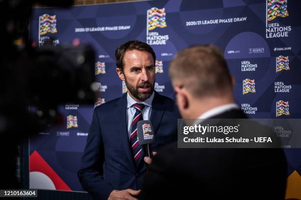 Head Coach Gareth Southgate of England gives an interview in the flash zone after the UEFA Nations League Draw at Beur van Berlage on March 03, 2020...