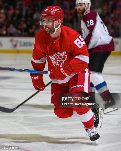 Sam Gagner of the Detroit Red Wings follows the play against the Colorado Avalanche during an NHL game at Little Caesars Arena on March 2, 2020 in...
