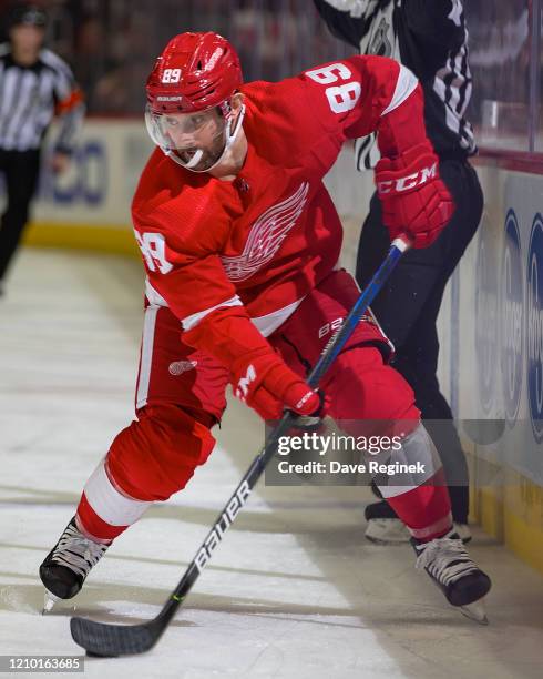 Sam Gagner of the Detroit Red Wings controls the puck against the Colorado Avalanche during an NHL game at Little Caesars Arena on March 2, 2020 in...