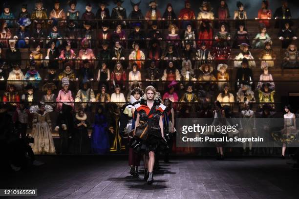 Models walk the runway during the finale at the Louis Vuitton show as part of the Paris Fashion Week Womenswear Fall/Winter 2020/2021 on March 03,...