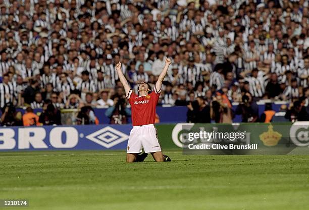 Gary Neville of Manchester United celebrates victory during the AXA FA Cup Final match against Newcastle United played at Wembley Stadium in London,...