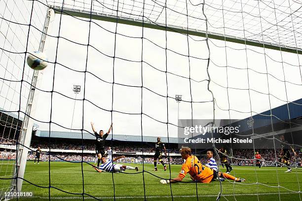 Campbell of Queens Park Rangers scores a disallowed goal during the Barclays Premier League match between Queens Park Rangers and Bolton Wanderers at...