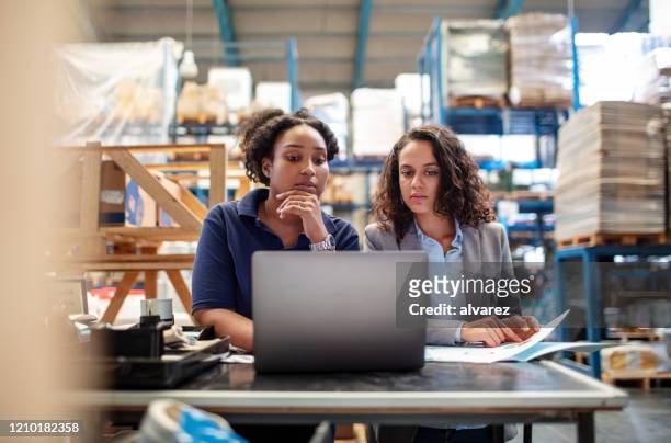 female worker with supervisor working on laptop - gerente imagens e fotografias de stock