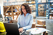 Businesswoman updating stocks on laptop at warehouse