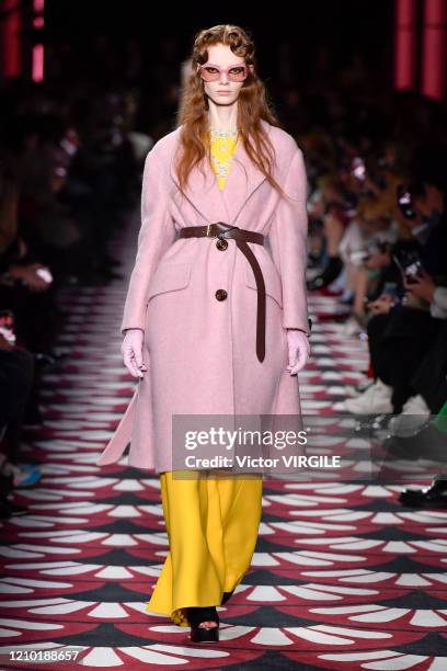 Model walks the runway at the Miu Miu show Ready to Wear fashion show as part of the Paris Fashion Week Womenswear Fall/Winter 2020-2021 on March 03,...