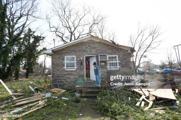 Buildings damaged by the storm are seen in the North Nashville neighborhood following devastating tornadoes on March 03, 2020 in Nashville,...