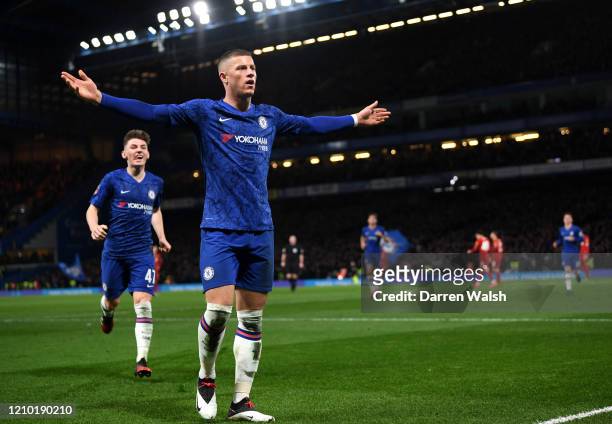 Ross Barkley of Chelsea celebrates after scoring his sides second goal during the FA Cup Fifth Round match between Chelsea FC and Liverpool FC at...