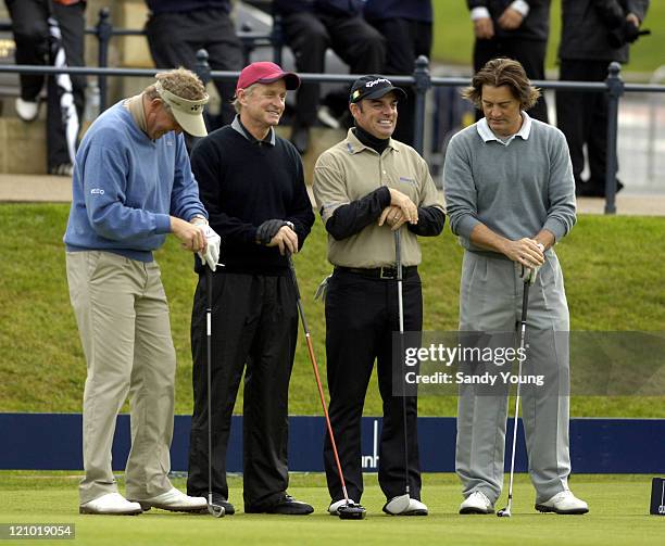 Colin Montgomerie, Michael Douglas, Paul McGinley and Kyle MacLaclan during the second round of the Dunhill Links Championship at St Andrews on...