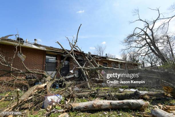 Buildings damaged by the storm are seen in the Germantown neighborhood following devastating tornadoes on March 03, 2020 in Nashville, Tennessee. At...