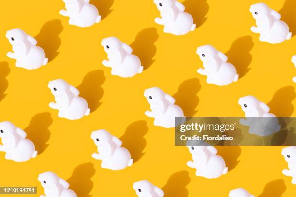 white bunny on yellow background. festive easter layout - easter pattern stockfoto's en -beelden