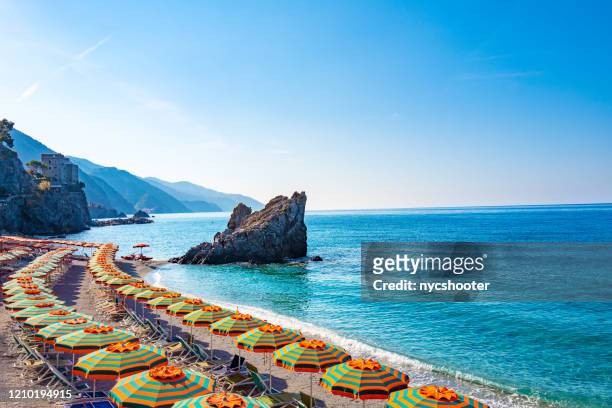 coastline of monterosso beach - italy beach stock pictures, royalty-free photos & images