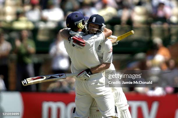 England batsman Paul Collingwood celebrates his double-century with Kevin Pietersen in Day Two of the Second Ashes Test at the Adelaide Oval,...