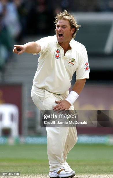 Australian bowler Shane Warne appeals for a wicket in Day Three of the Fourth Ashes Test at the Melbourne Cricket Ground, Australia, December 28,...