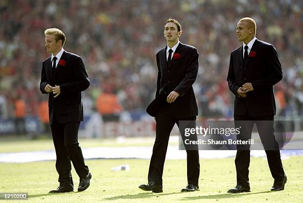 John Curtis, Johnathan Greening and Wes Brown of Manchester United before the AXA FA Cup Final match against Newcastle United played at Wembley...