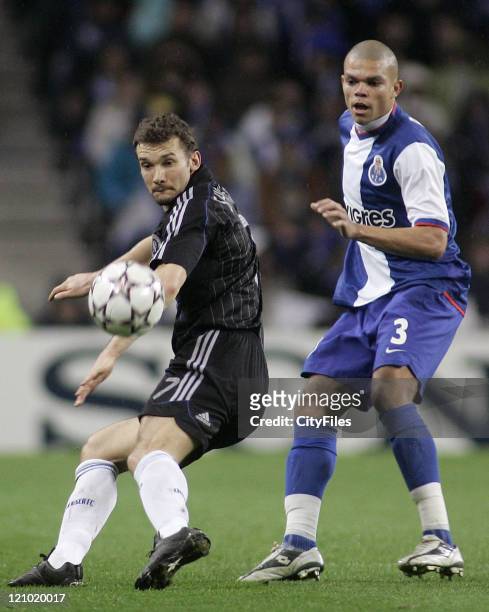 Shevchenko and Pepe during a UEFA Champions League First Leg match between Chelsea and FC Porto in Oporto, Portugal on February 21, 2007.