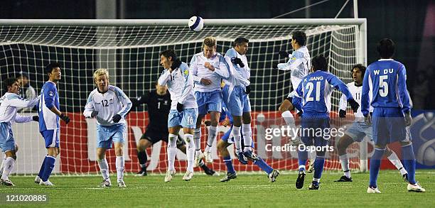 Players in action as Shanghai Shenhua kicks a free kick during the AFC Champions League 2007 match between the Sydney FC of Australia and Shanghai...