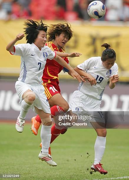 Han Duan of China vies with Kim Kyul Sil and Hwang Bo Ram during the friendship match between China national women's soccer team and Korea in...