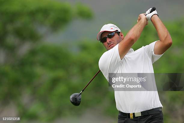 Terry Pilkadaris of Australia plays a shot on the 8th hole during the first round of the TCL Classic at Yalong Bay Golf Club in Sanya, China on March...