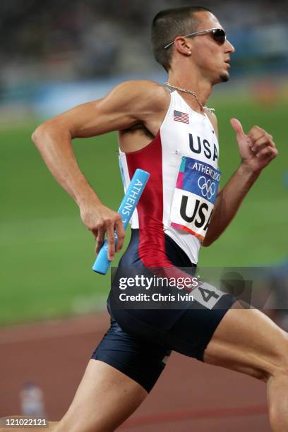 Jeremy Wariner of the United States runs in the Men's 4x400 Final Relay at the Olympic Centre in Athens, Greece on August 28, 2004. The USA team of...