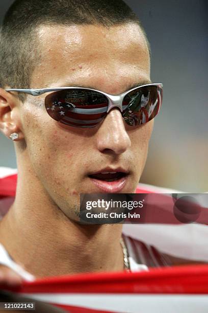 Jeremy Wariner of the United States reacts after winning the Men's 4x400 Final Relay at the Olympic Centre in Athens, Greece on August 28, 2004. The...