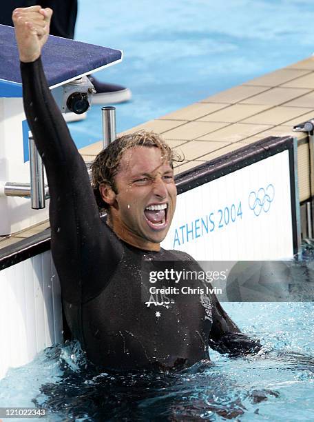 Victory for Ian Thorpe of Australia in the Men's 200m Freestyle Finals, setting a new Olympic Record time of 1:44.71 during the Athens 2004 Olympics...