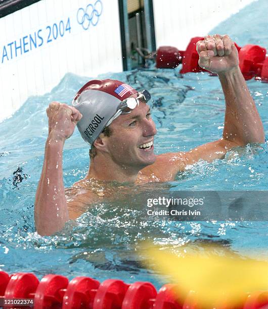 Victory for Aaron Peirsol of the United States in the Men's 100m Backstroke Final which he wins in a time of 54.06 during the Athens 2004 Olympics...