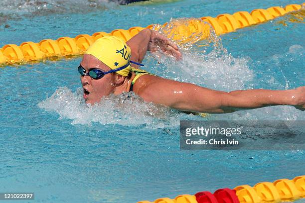 Petria Thomas of Australia finishes finishes 1st in Heat 3 of the 200m Butterfly in a time of 2:10.87 at the Olympic Aquatic Centre in Athens, Greece...