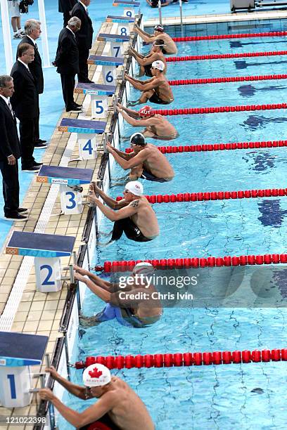 Start of the Men's 200m Backstroke Semifinal at the Olympic Aquatic Centre in Athens, Greece on August 18, 2004. Aaron Peirsol of the United States...