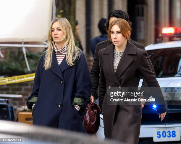 Kaley Cuoco and Zosia Mamet are seen filming 'The Flight Attendant' on March 03, 2020 in New York City.
