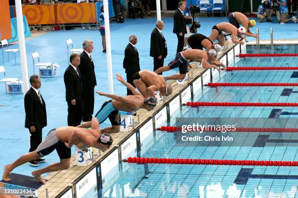 Start of the Men's 200m Breaststroke Final at the Olympic Aquatic Centre in Athens, Greece on August 16, 2004. Kosuke Kitajima of Japan wins with a...