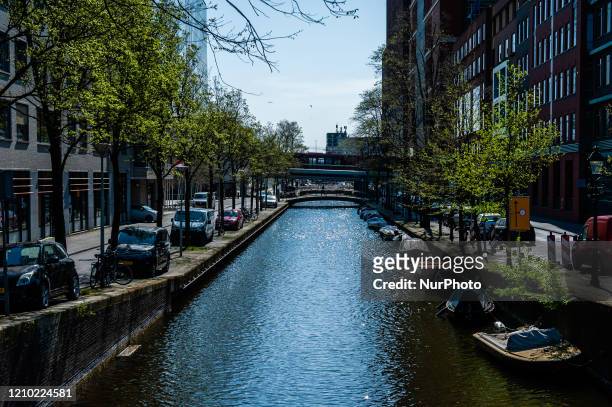 An empty canal in The Hague, because of the Corona virus situation in The Hague, Netherlands, on April 17th, 2020.