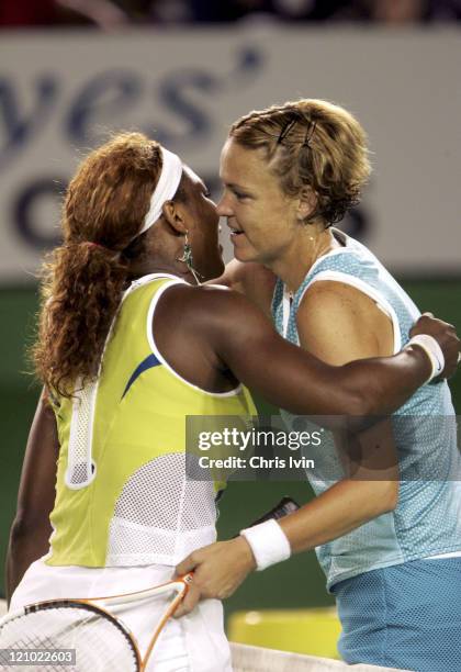 Serena Williams beats Lindsay Davenport 2-6 6-3 6-0 in the Women's Singles Final at Melbourne Park in Melbourne, Australia on January 29, 2005.