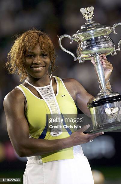 Serena Williams beats Lindsay Davenport 2-6 6-3 6-0 in the Women's Singles Final at Melbourne Park in Melbourne, Australia on January 29, 2005.