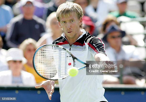 During a semifinal match at the Tennis Channel Open in Scottsdale, AZ, Wayne Arthurs hits a return to Christopher Rochus. Arthurs won the match...