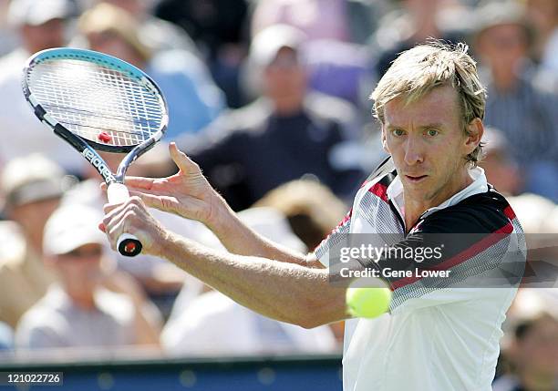 During a semifinal match at the Tennis Channel Open in Scottsdale, AZ, Wayne Arthurs hits a return to Christopher Rochus. Arthurs won the match...