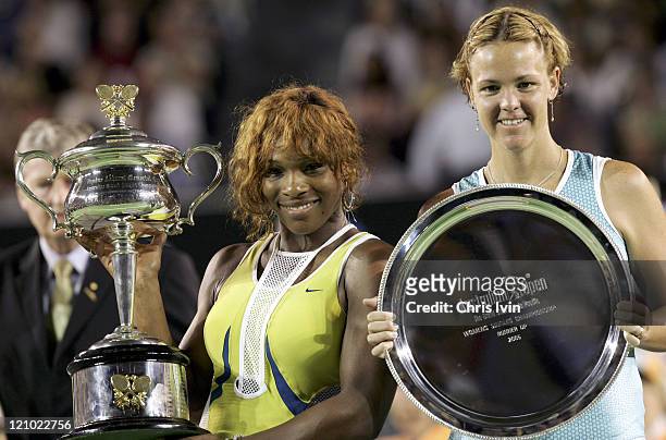 Serena Williams beats Lindsay Davenport 2-6 6-3 6-0 in the Women's Singles Final at Melbourne Park in Melbourne, Australia on January 29, 2005.