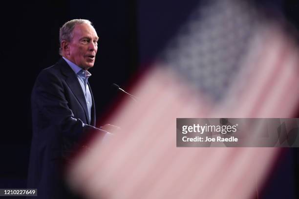 Democratic presidential candidate former New York City mayor Mike Bloomberg speaks at his Super Tuesday night event on March 03, 2020 in West Palm...